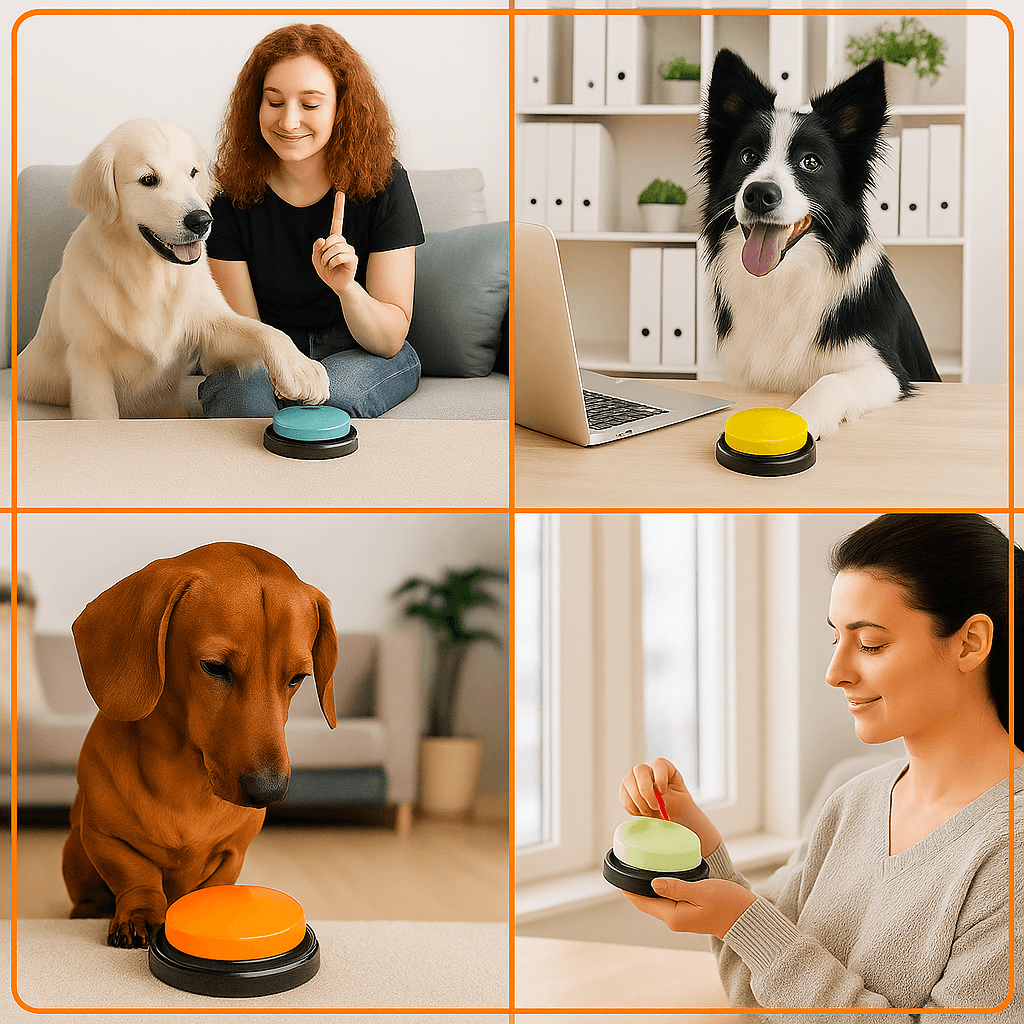 Dogs using Color Voice™ Pet Communication Button for Smarter Pet Training with owners, showcasing vibrant colors and interactive training.