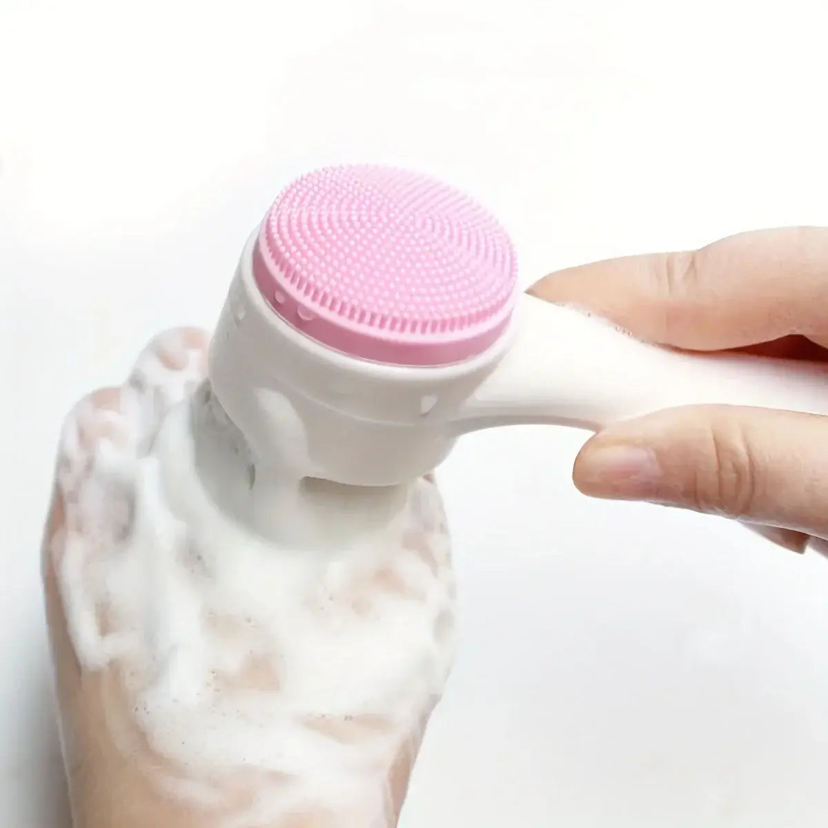 Silicone Dog Paw Cleaner being used with soap, features dual-sided design for cleaning and massaging pet paws, gently removing dirt.