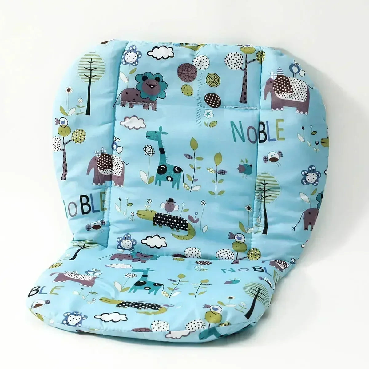 Cute animal baby cushion with soft, breathable fabric, double-sided design featuring playful animal patterns, for high chairs and strollers.