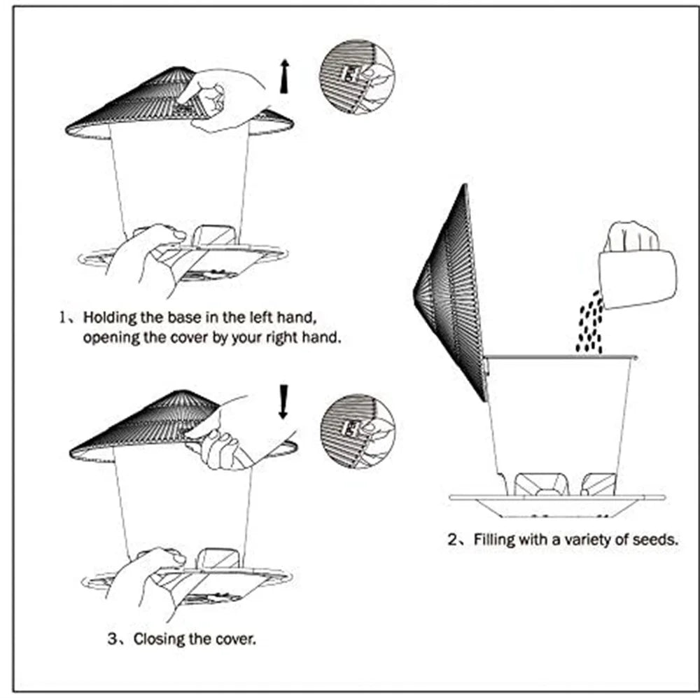 Diagram showing how to assemble an outdoor hanging bird feeder with clear body and twist-lock lid for easy filling and closure.