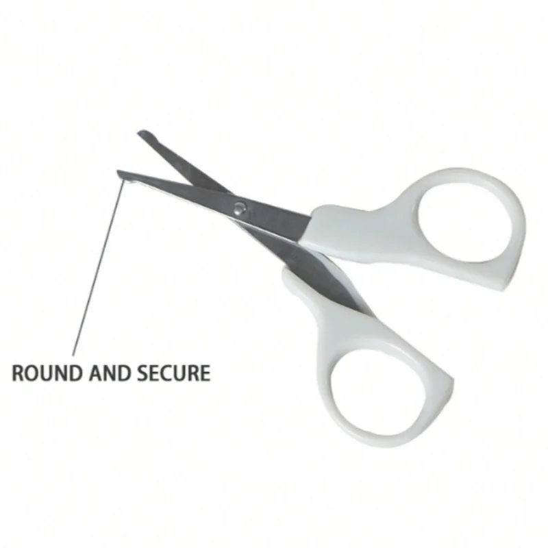 Round-tip baby scissors with white handles for safe grooming, part of 6-in-1 baby care kit, ideal for ages 0–2.