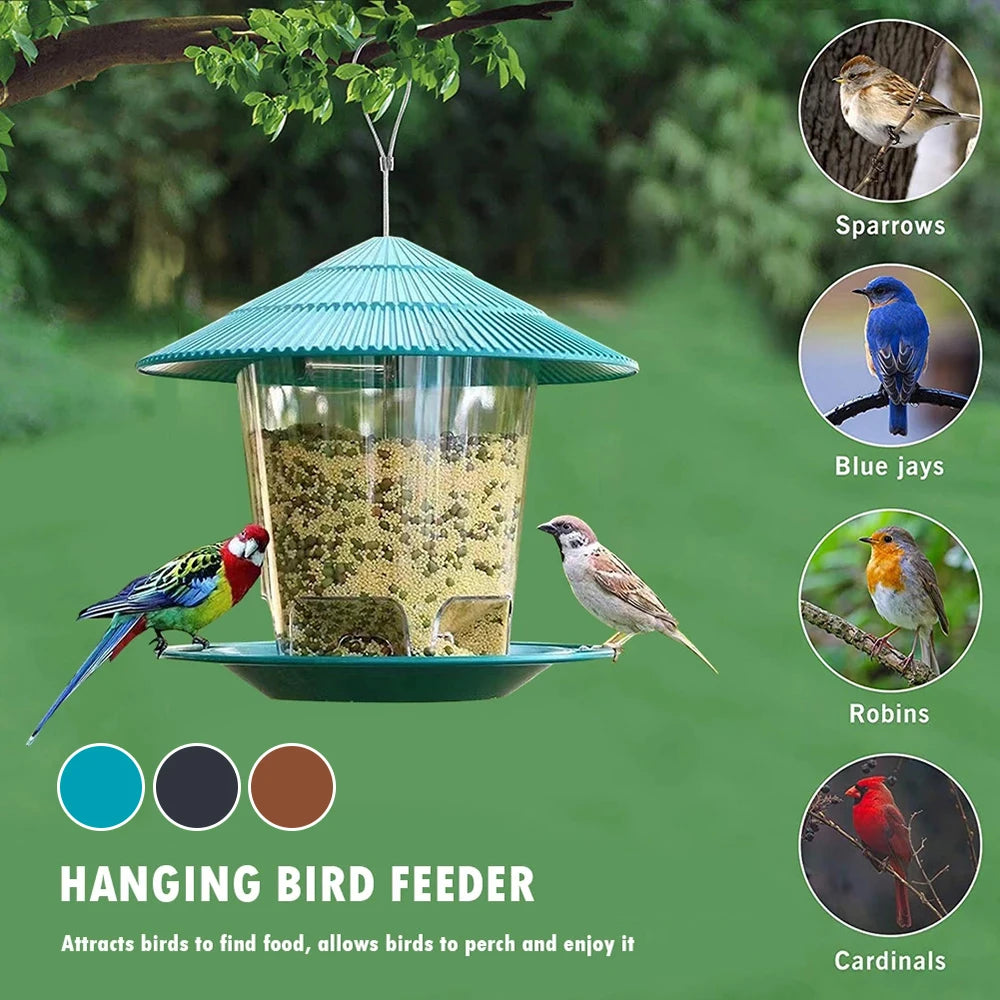 Outdoor hanging bird feeder with multi-port seed dispenser attracting colorful birds like sparrows, blue jays, and cardinals.