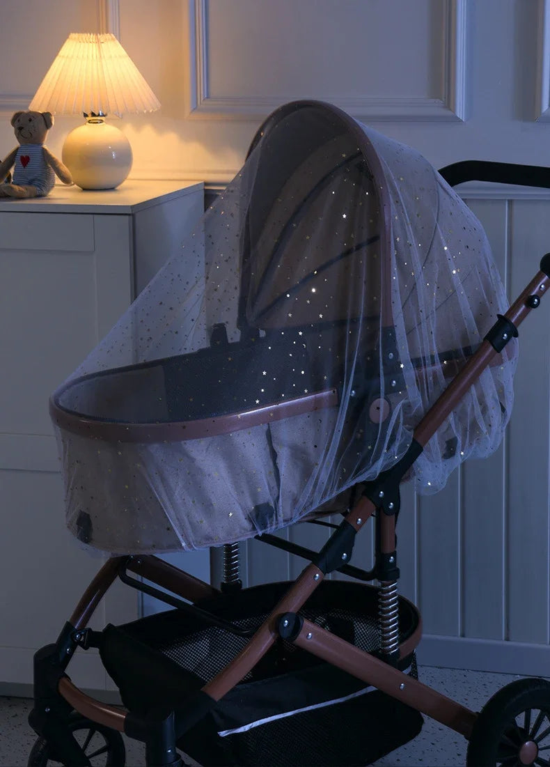 Baby stroller with breathable sunshade and bug net for 1-2 year olds, offering UV protection and insect shielding.