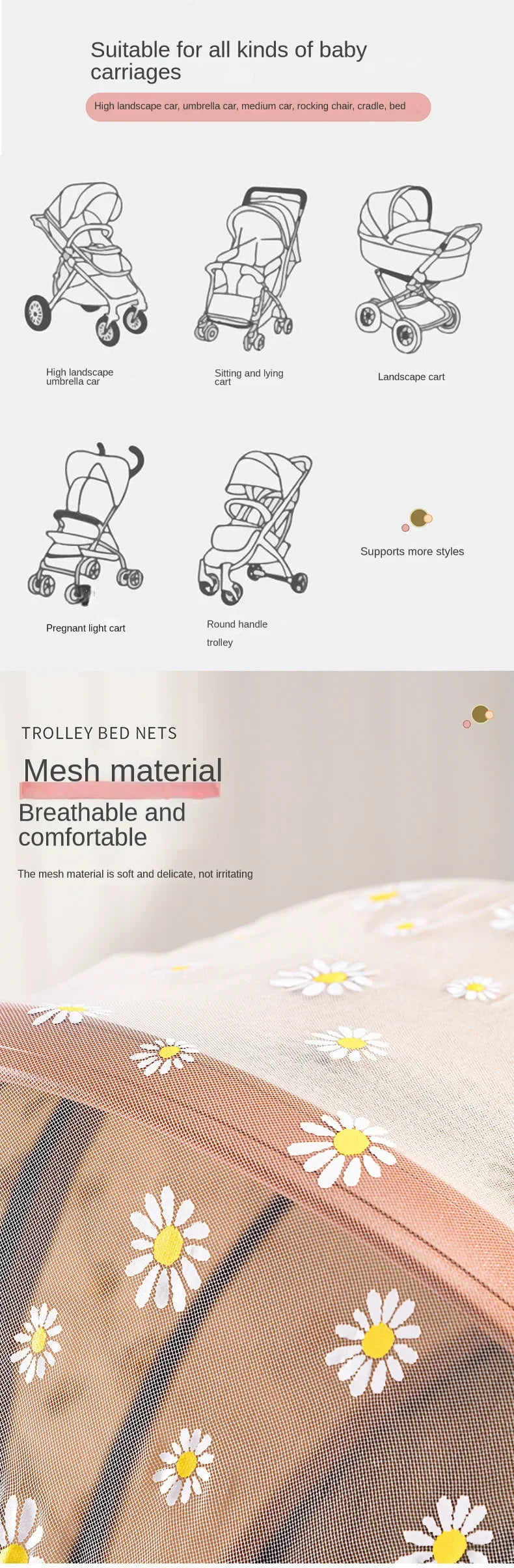 Mesh fabric baby stroller cover with sunshade and mosquito net features, suitable for various stroller types, floral design detail.