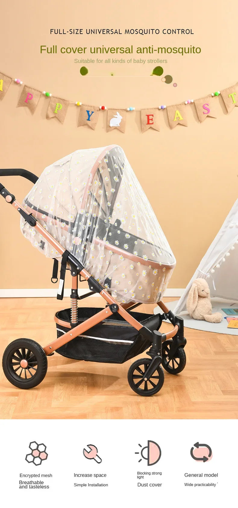 Baby stroller with sunshade and breathable mosquito net for UV protection, ideal for 1–2-year-olds, lightweight and durable design.