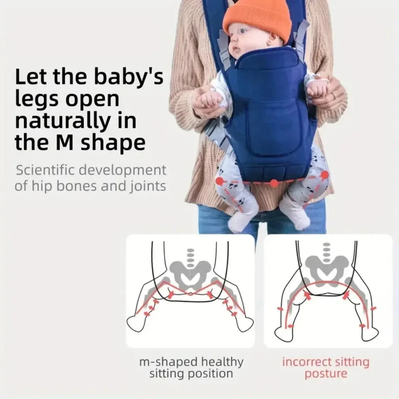 Parent wearing a breathable baby sling with secure support, demonstrating M-shaped sitting position for hip development.