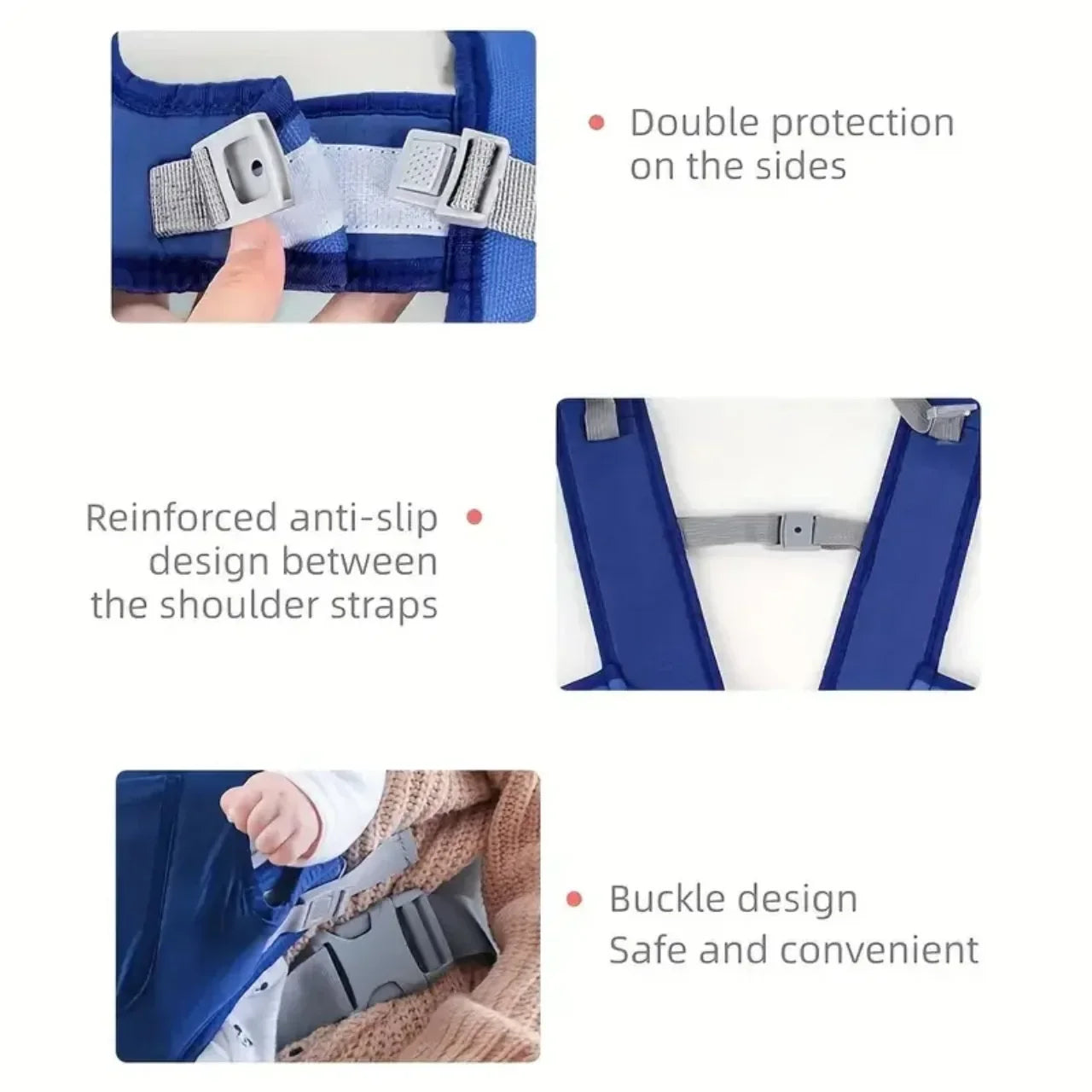 Close-up of baby sling buckle system showing double protection, anti-slip shoulder straps, and secure buckle for safety.