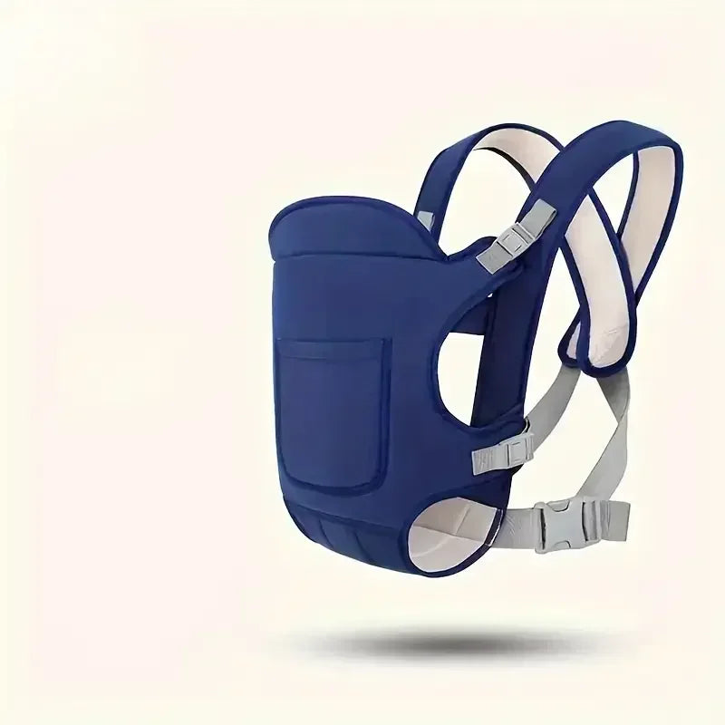 Breathable 4-in-1 baby sling with support belt in navy blue for front, back, and side carry; secure buckle closure.