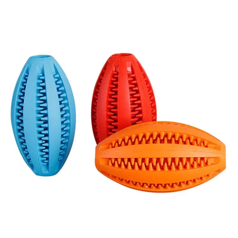 Colorful natural rubber chew balls for dogs, designed to clean teeth and hold treats, ideal for play and safe teething.