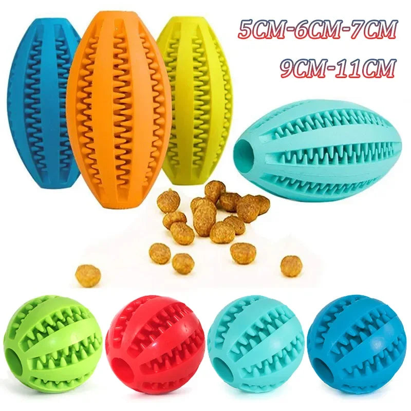 Colorful natural rubber chew balls for dogs, ideal for teeth cleaning and treat holding, available in various sizes.