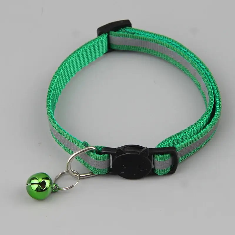 Reflective green cat collar with bell, adjustable size for cats and small pets, enhances safety with flashing light, stylish design.