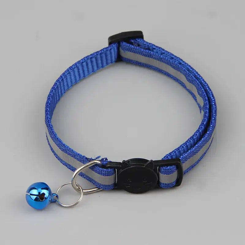 Reflective blue cat collar with bell and adjustable size, featuring colorful design for enhanced pet safety and style.