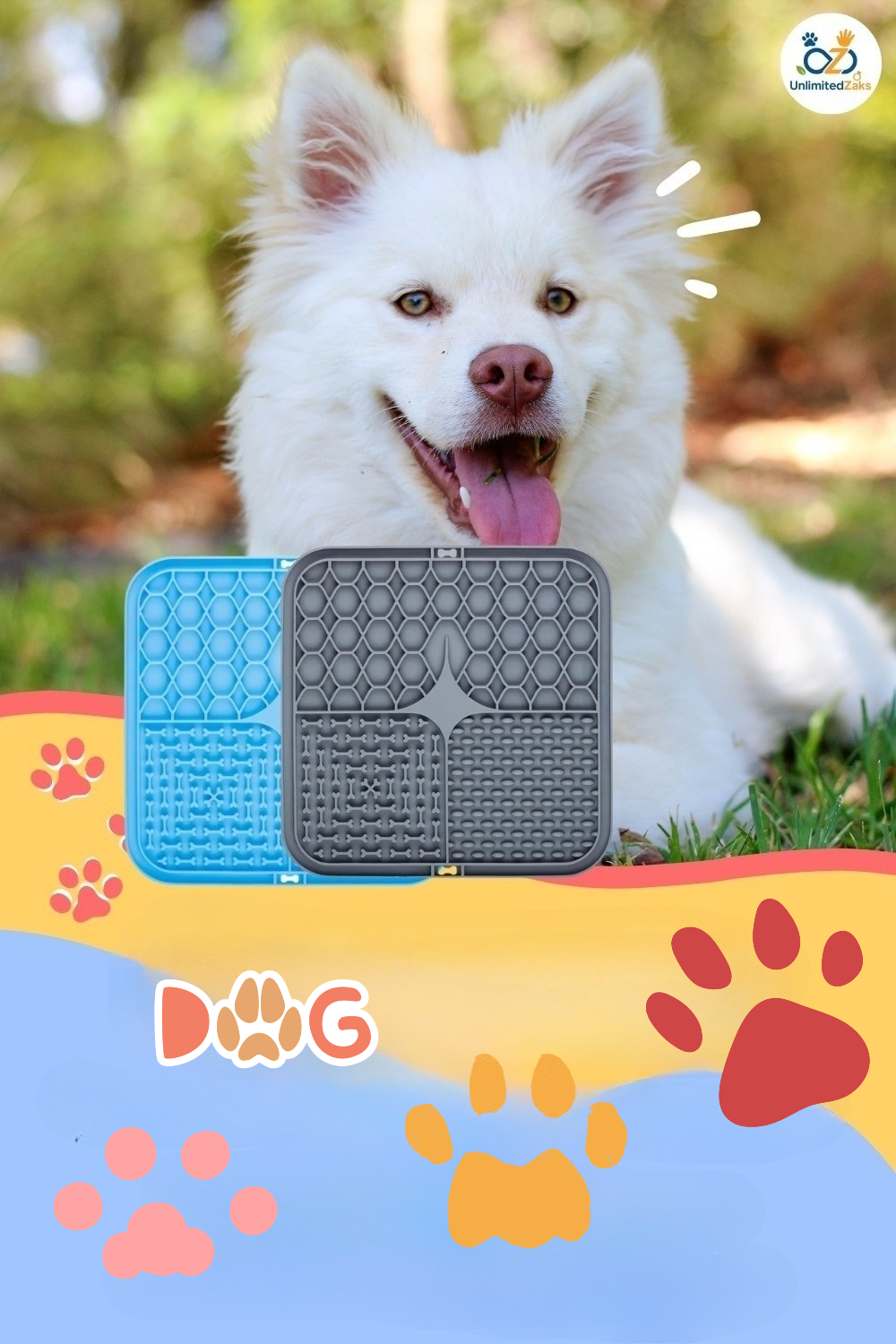 White dog with colorful bath mats from pet grooming & cleaning collection 