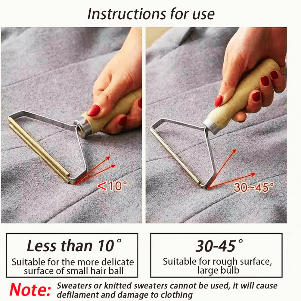 Manual pet hair and lint remover in use, illustrating angles for delicate and rough surfaces on fabric.