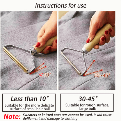 Manual pet hair and lint remover in use, illustrating angles for delicate and rough surfaces on fabric.