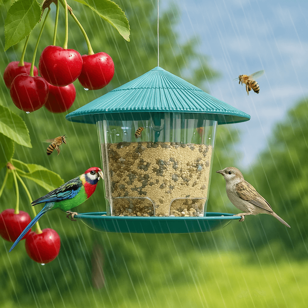 Outdoor hanging bird feeder in garden with multiple feeding ports, surrounded by birds and bees, next to cherry tree branch.