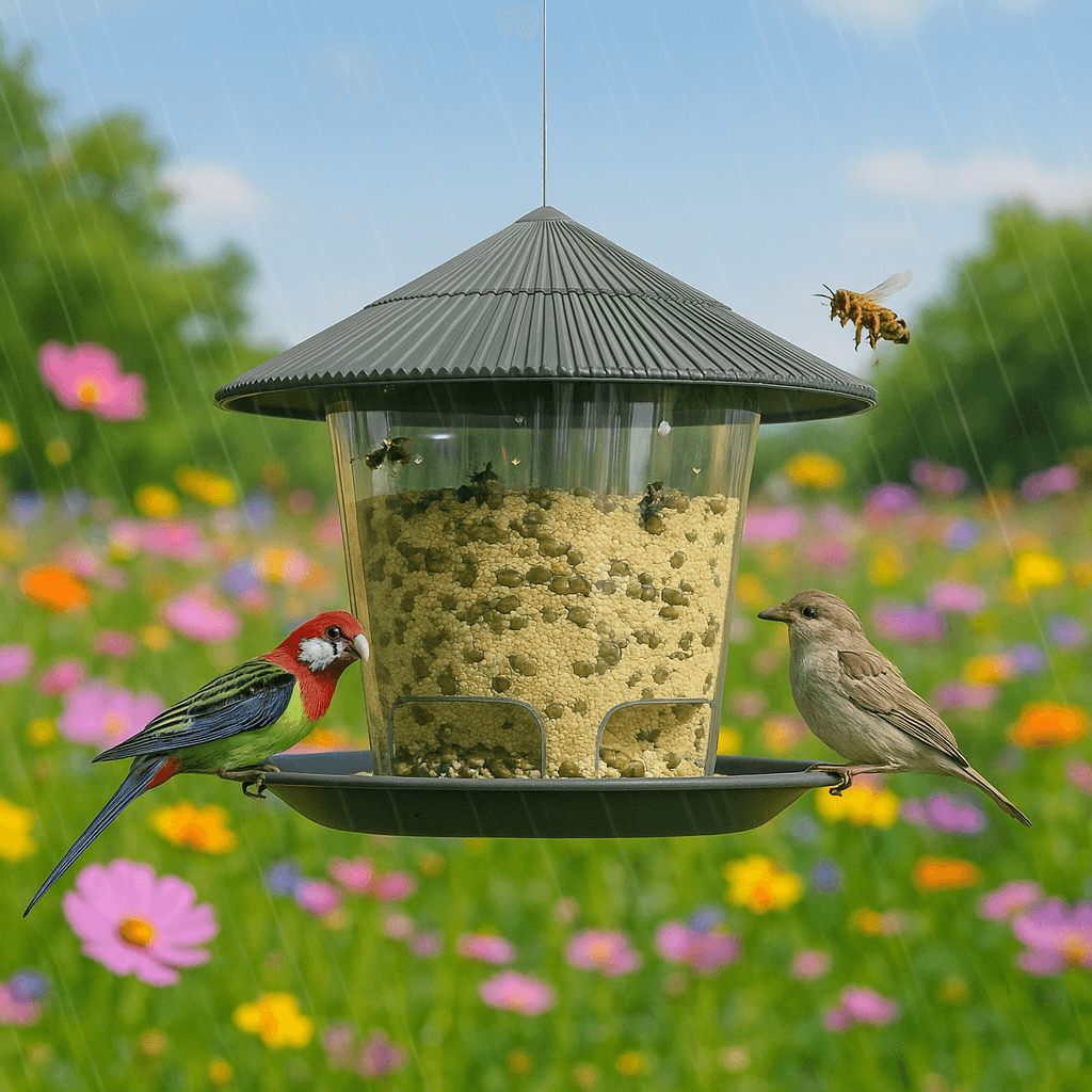 Alt Tag: Outdoor hanging bird feeder with multi-port seed dispenser, surrounded by birds and set against a vibrant garden background.