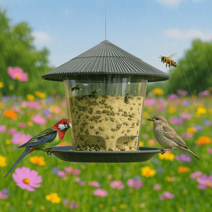 Alt Tag: Outdoor hanging bird feeder with multi-port seed dispenser, surrounded by birds and set against a vibrant garden background.