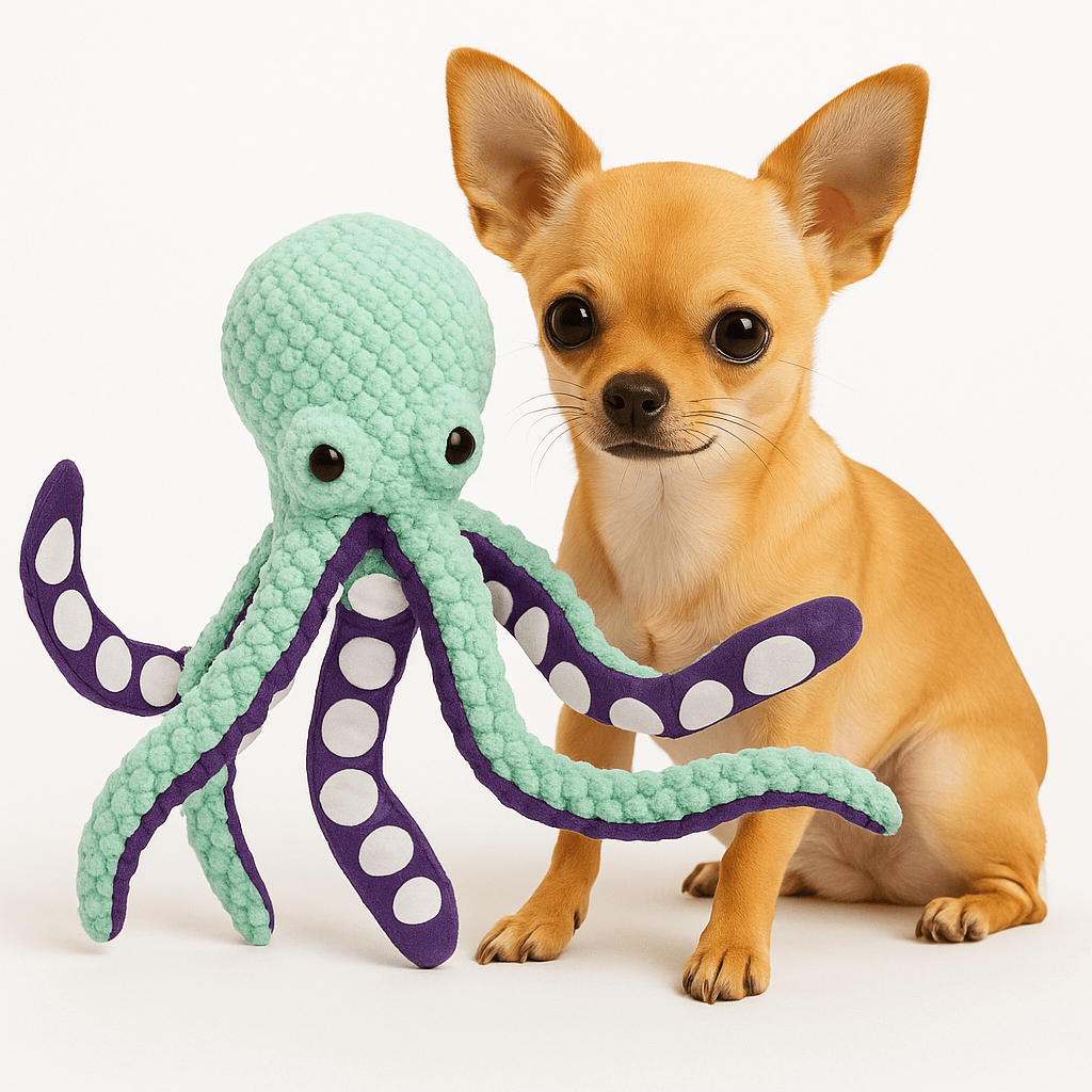 Chihuahua beside Plush Octopus Dog Toy, featuring soft fleece, squeaker, and durable design for interactive play.