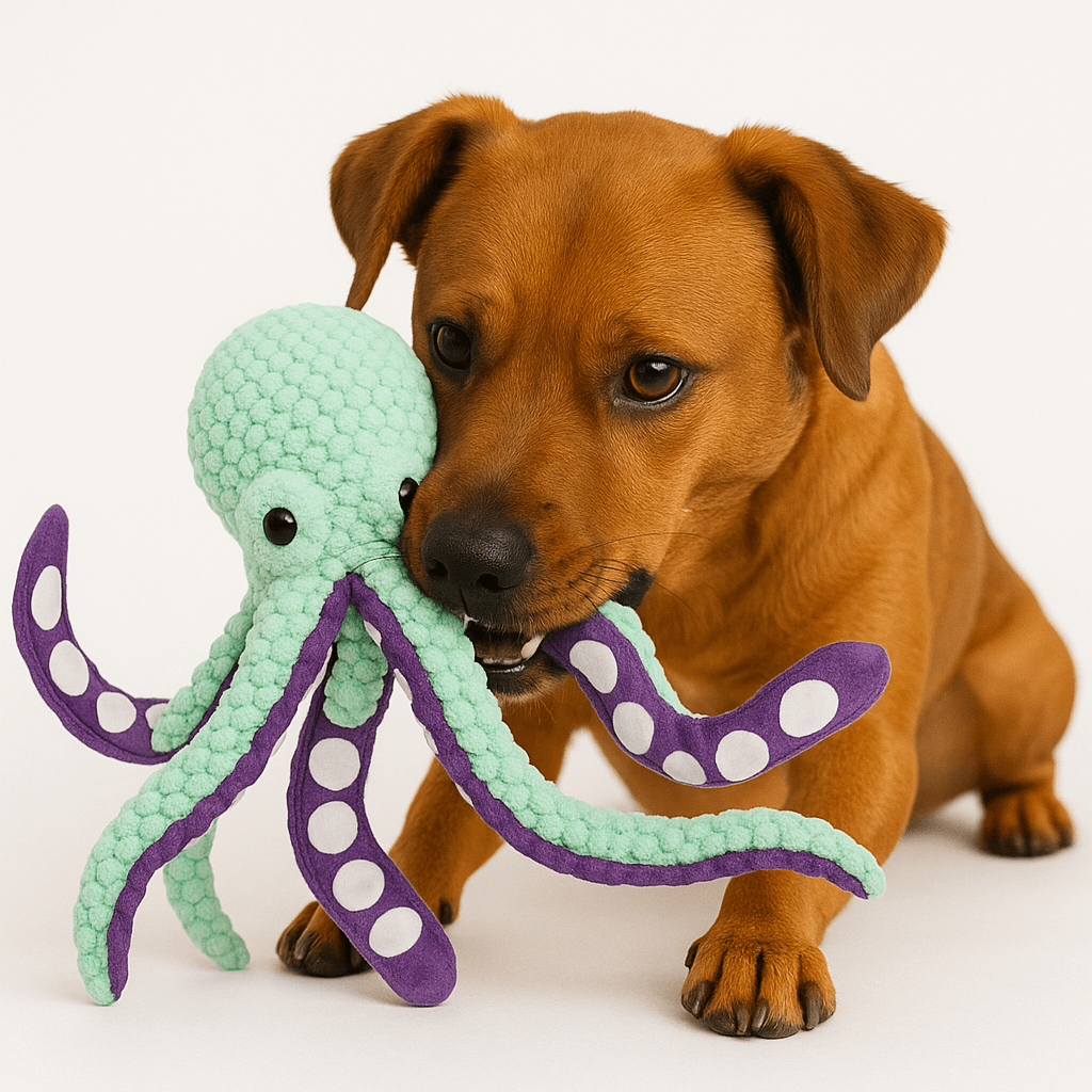 Dog playing with plush octopus toy; squeaky, durable, and fun; perfect for all dog sizes and teeth-friendly. Keywords: dog toy, octopus