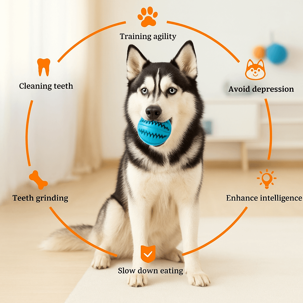 Husky holding a natural rubber chew ball that cleans teeth, aids training agility, and slows down eating with benefits listed.