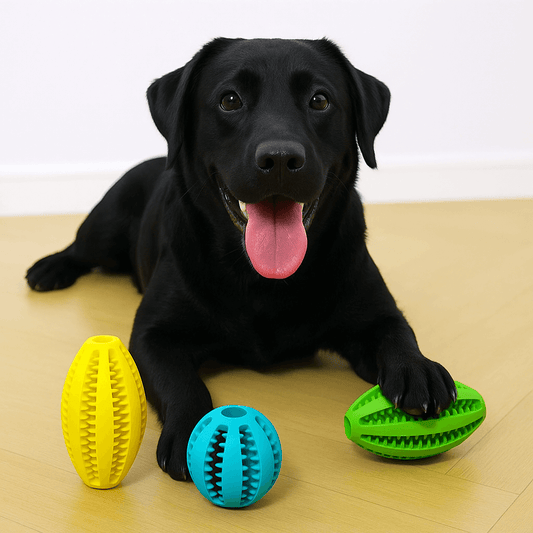 Dog playing with natural rubber chew balls, cleans teeth and holds treats, yellow, blue, and green balls ideal for teething and fetch.