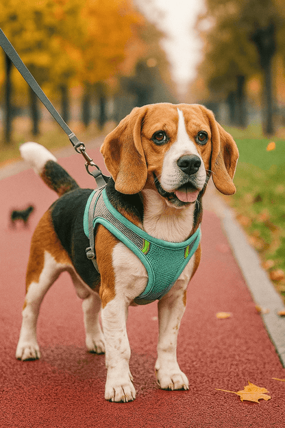 Beagle wearing a reflective green harness from the Safe Outdoor Pet Walking Set on a fall path.
