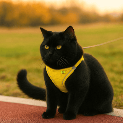 Black cat wearing a yellow reflective harness on a walk, showcasing the Safe Outdoor Pet Walking Set's escape-proof design.