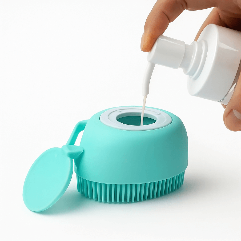 Soft silicone pet brush with built-in shampoo dispenser for soothing grooming, reducing shedding, and detangling fur for cats and dogs.
