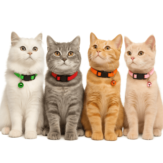 Four cats wearing colorful reflective collars with bells, showcasing adjustable pet design for safety and style in various sizes.