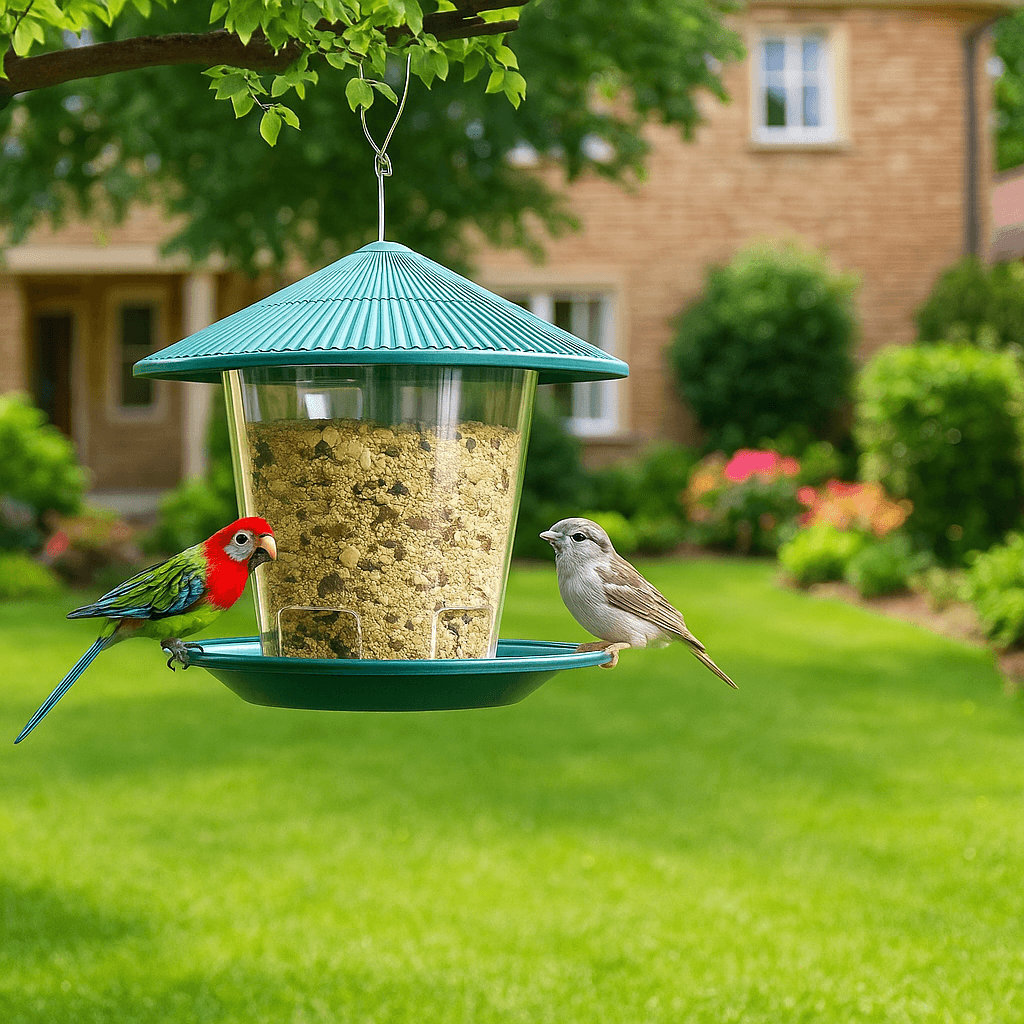 Outdoor Hanging Bird Feeder with multi-port seed & nut dispenser, attracting colorful birds in garden setting