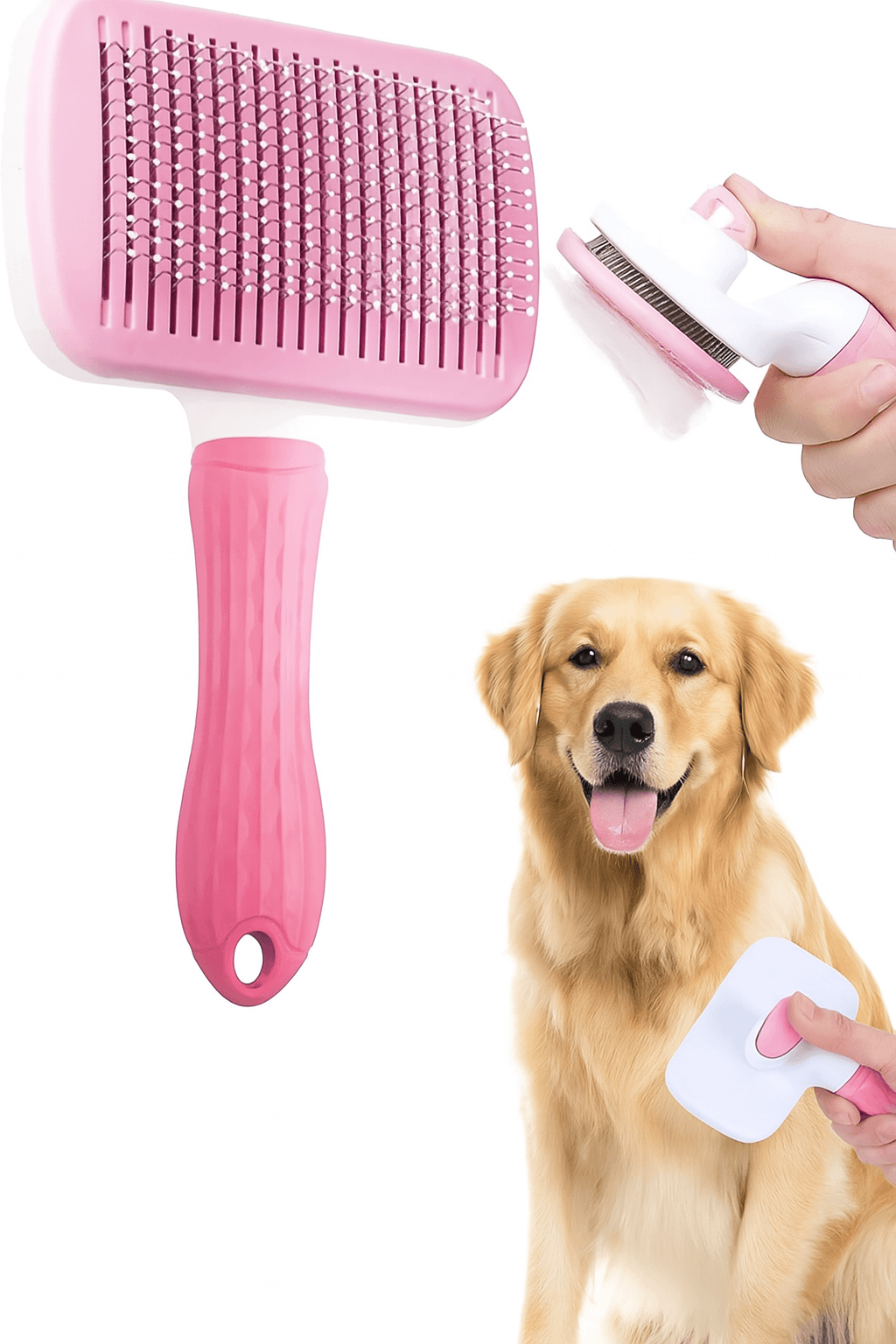 Pink pet hair grooming brush with a dog being groomed, highlighting easy use for reducing shedding and maintaining a clean coat.