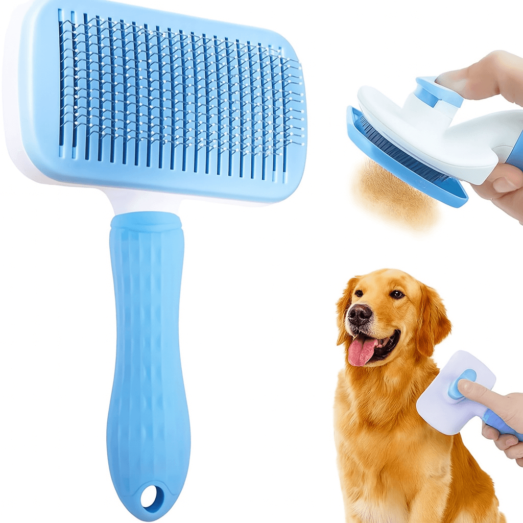 Alt Tag: Blue pet hair grooming brush with ergonomic handle next to happy golden retriever being groomed, showcasing easy fur removal.