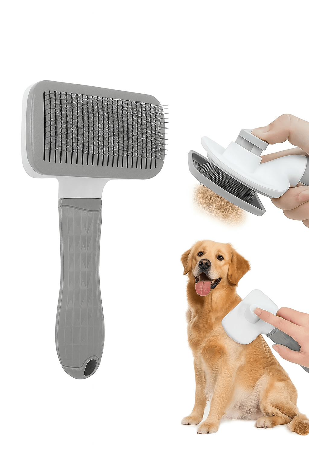 Pet Hair Grooming Brush removing fur from a happy dog, showcasing easy cleaning and effective shedding reduction.