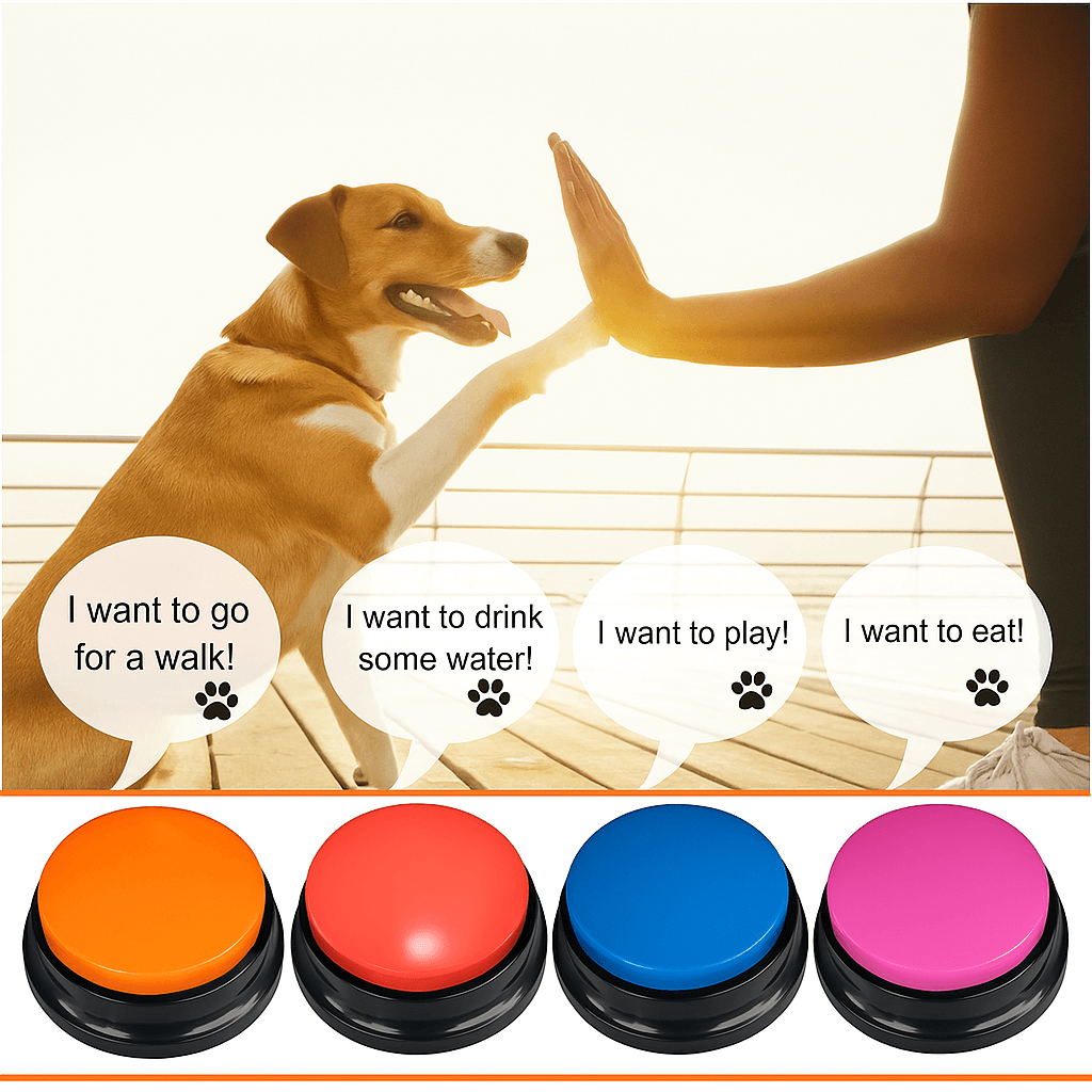 Dog using Color Voice™ Pet Communication Button for Smarter Pet Training with speech bubbles for play, walk, water, and food needs.