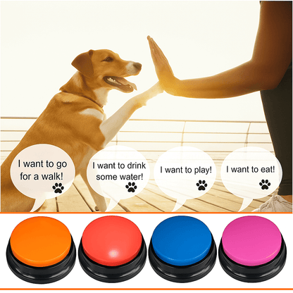 Dog using Color Voice™ Pet Communication Button for Smarter Pet Training with speech bubbles for play, walk, water, and food needs.