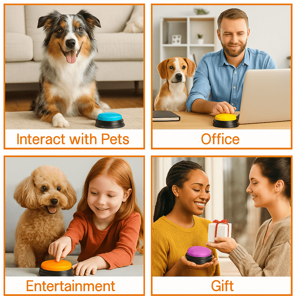 "Color Voice™ Pet Communication Button for Smarter Pet Training used by people and pets in various settings including home and office."