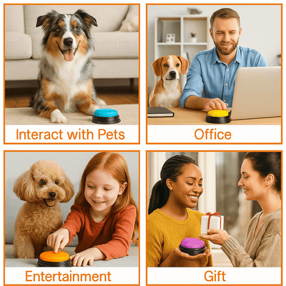 "Color Voice™ Pet Communication Button for Smarter Pet Training used by people and pets in various settings including home and office."