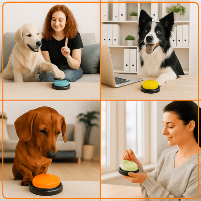 Dogs using Color Voice™ Pet Communication Button for Smarter Pet Training with owners, showcasing vibrant colors and interactive training.