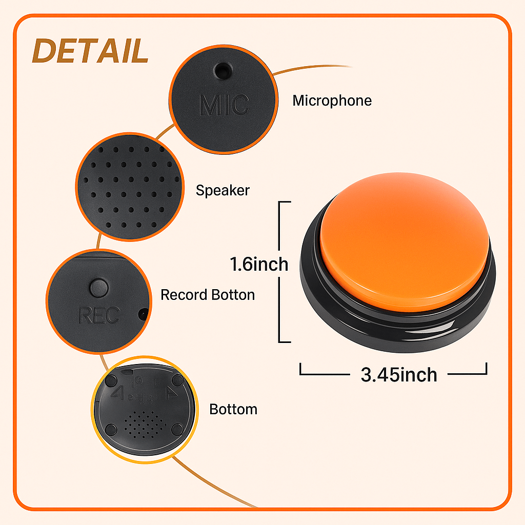 Details of Color Voice™ Pet Communication Button for Smarter Pet Training, including microphone, speaker, record button, and dimensions.