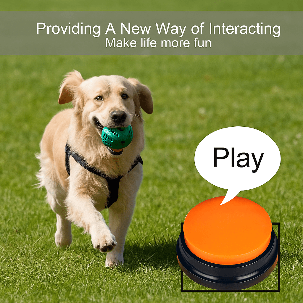 Dog playing with toy near Color Voice™ Pet Communication Button for Smarter Pet Training, with "Play" on green field.