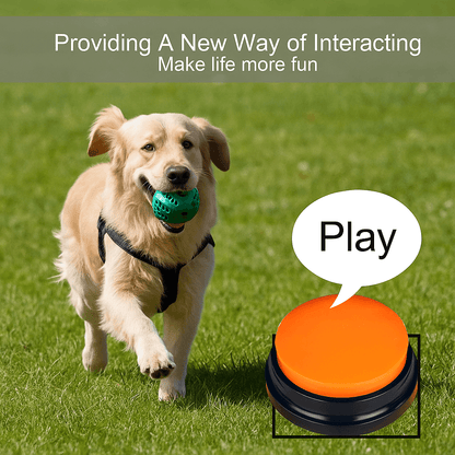 Dog playing with toy near Color Voice™ Pet Communication Button for Smarter Pet Training, with "Play" on green field.