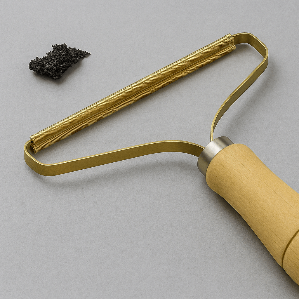 Portable Pet Hair & Lint Remover – Manual Brush for Clothes and Furniture on display with wooden handle and metal frame.