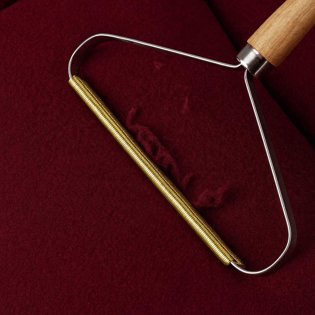 Portable Pet Hair & Lint Remover – Manual Brush for Clothes and Furniture on a red fabric surface