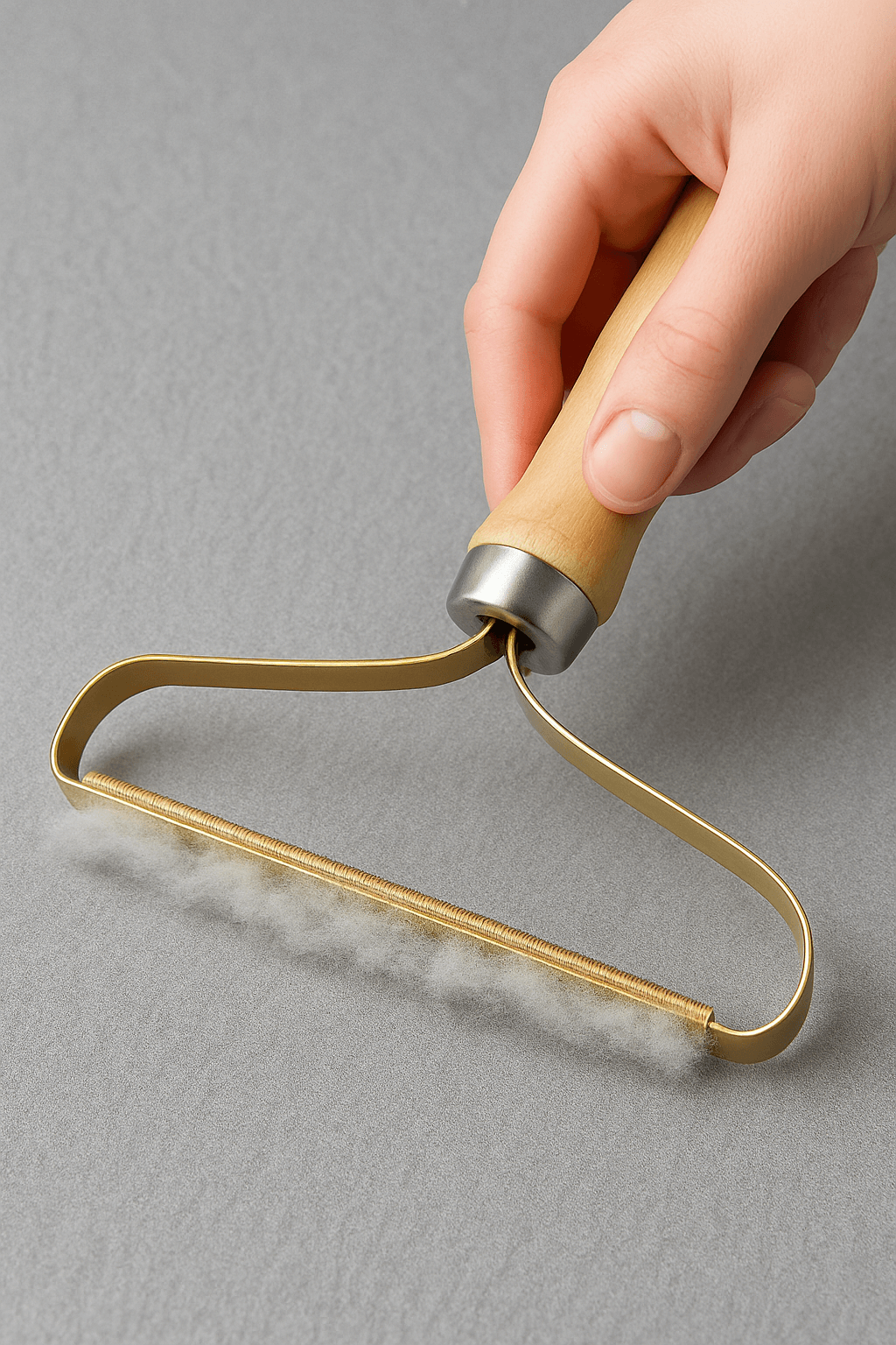 Portable Pet Hair & Lint Remover – Manual Brush for Clothes and Furniture in action cleaning fabric surface.