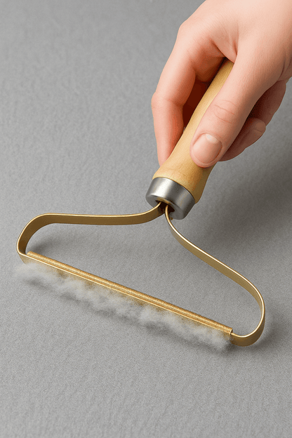 Portable Pet Hair & Lint Remover – Manual Brush for Clothes and Furniture in action cleaning fabric surface.