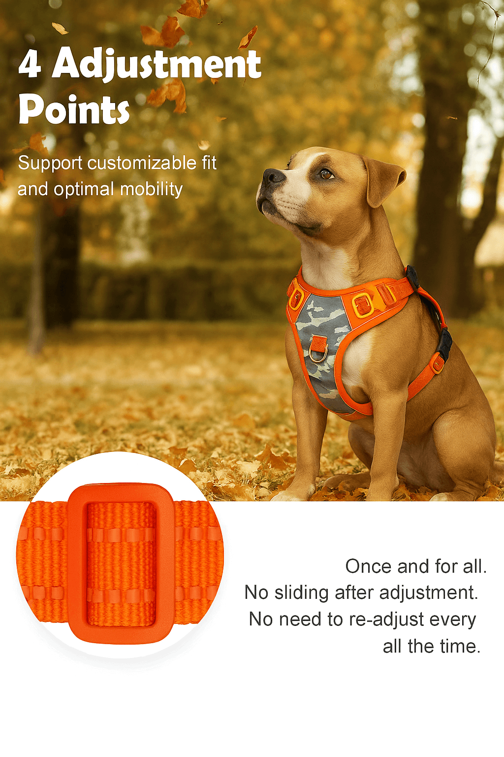 Reflective No-Pull Dog Harness on a dog in autumn park, highlighting 4 adjustment points for customizable fit.