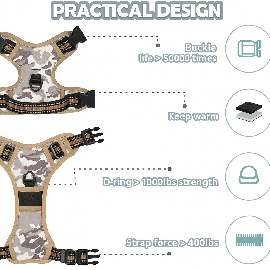 reflective dog harness-Reflective No-Pull Dog Harness with buckle life over 50000 times, 1000lbs D-ring strength, 400lbs strap force, keep warm