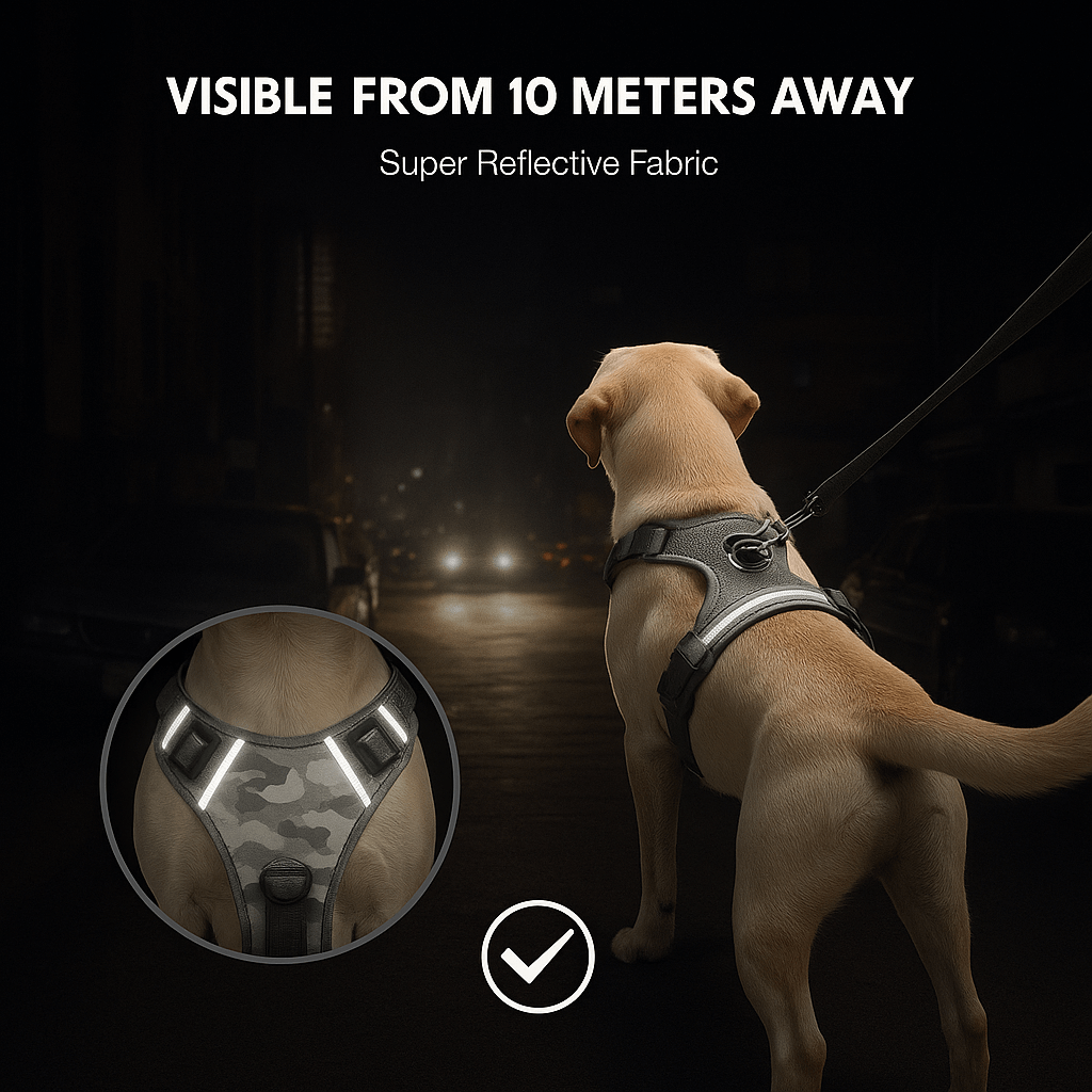 Reflective no-pull dog harness on a Labrador, highlighting super reflective fabric, visible from 10 meters away. Safety and control.