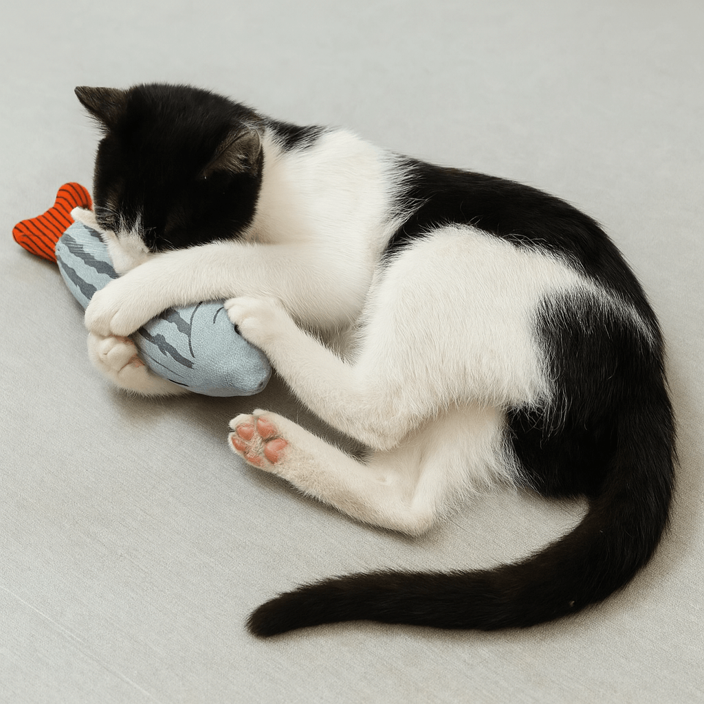 Black and white kitten cuddling a squeaky catnip fish toy– Fun, Safe & Snuggly Playtime for Cats on a gray carpet.